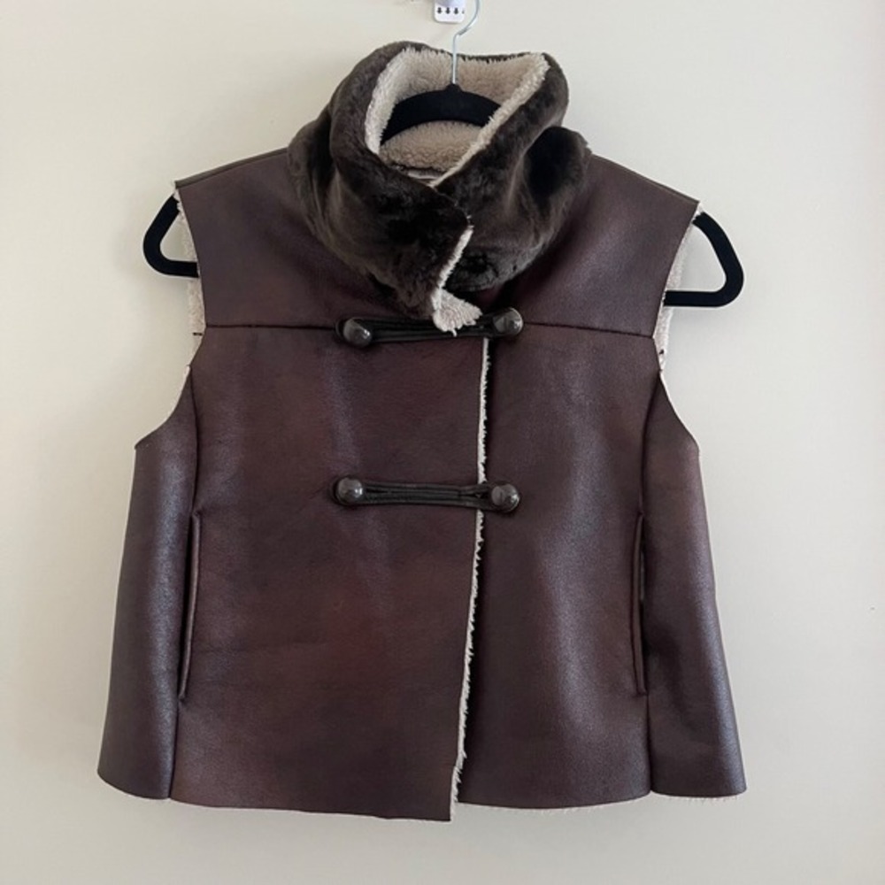 Jennifer Lopez Women Faux Leather Sherpa Vest XS Brown Toggle Moto Western Y2K‎